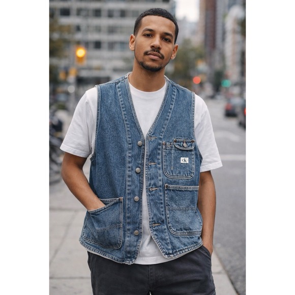 Calvin Klein Other - 90s Calvin Klein CK Jeans Denim Button Vest Unisex Leather Patch Sz L Vintage